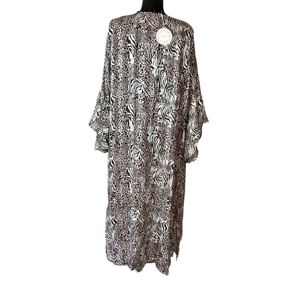NWT Umgee+ XL Animal Print Long Duster Kimono Open Front Ruffle Sleeve Side Slit - Picture 6 of 10